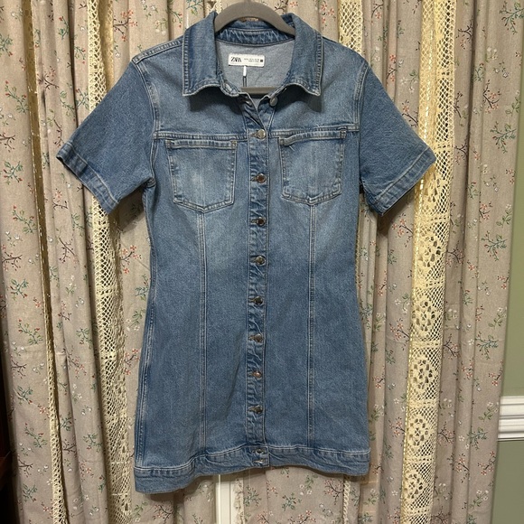 Zara 90s Trend Z1975 Blue Denim Mini Dress Button Down Size XL NWT - Picture 2 of 4